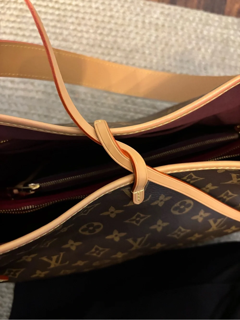 Monogram Canvas Shoulder Tote with Tan Trim and Burgundy Interior (large size) - Picture 7 of 11